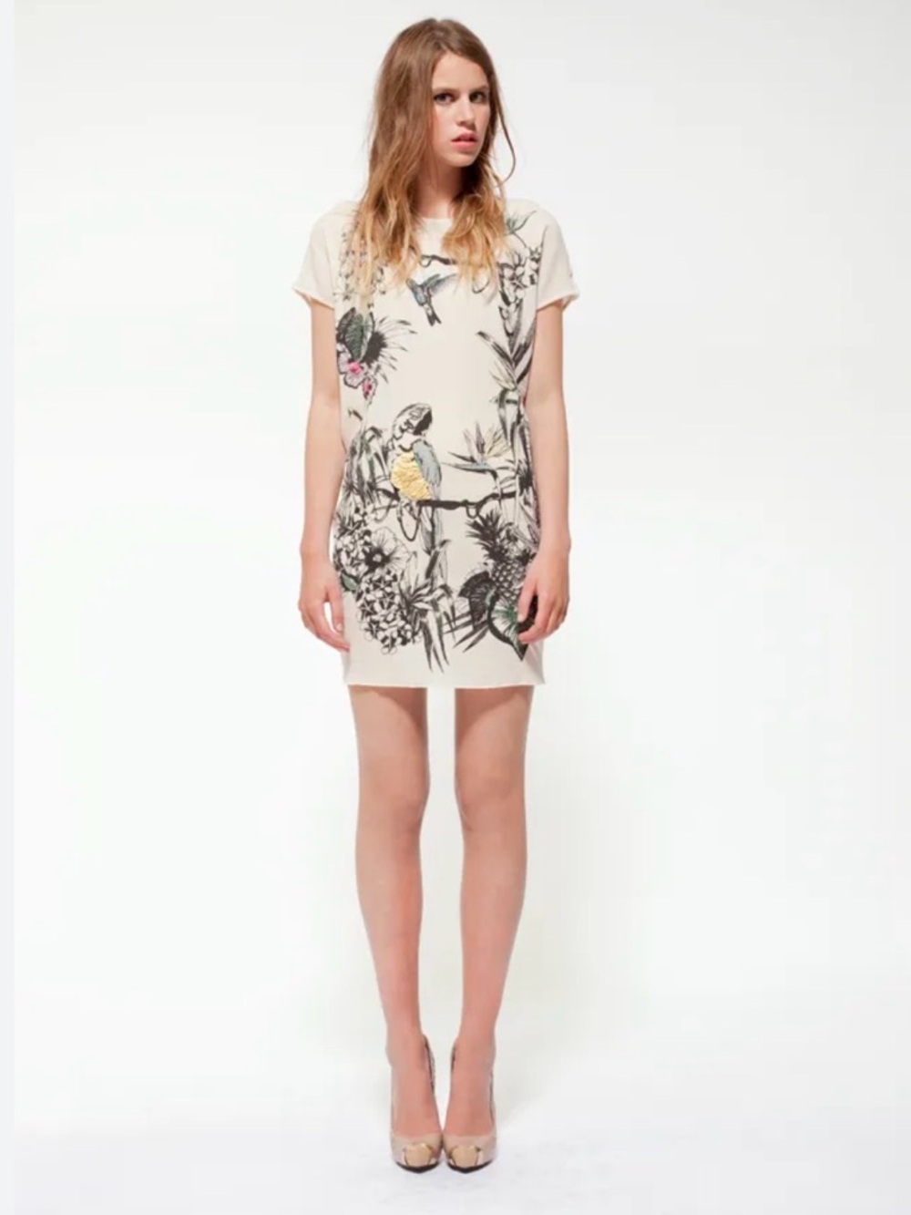 Markus Lupfer Cream Dress with Black Botanical and Teal Parrot Accents Sheer